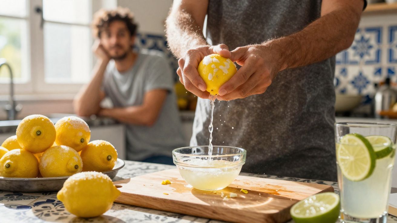 Pessoa espremendo limão sobre uma tigela em cozinha, com outra pessoa ao fundo observando.