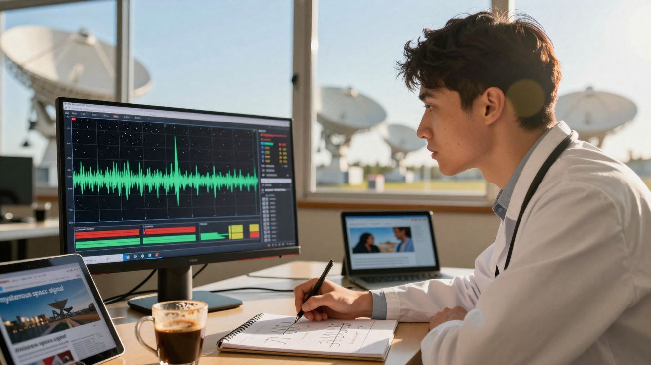 Jovem cientista analisa gráficos em computador e faz anotações em caderno, com antenas parabólicas ao fundo.