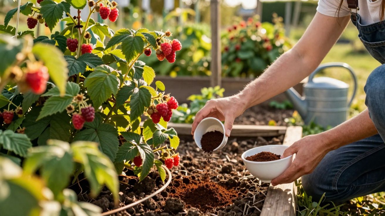 Pessoa adicionando pó de café ao solo em horta com plantas e framboesas vermelhas.