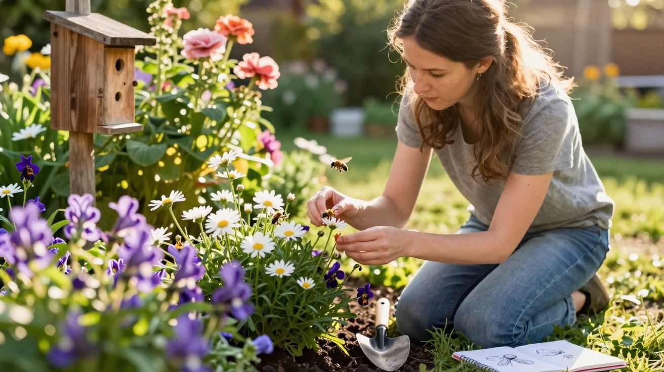 Mulher cuidando de flores brancas e roxas em jardim ensolarado com caixa de desenho ao lado.