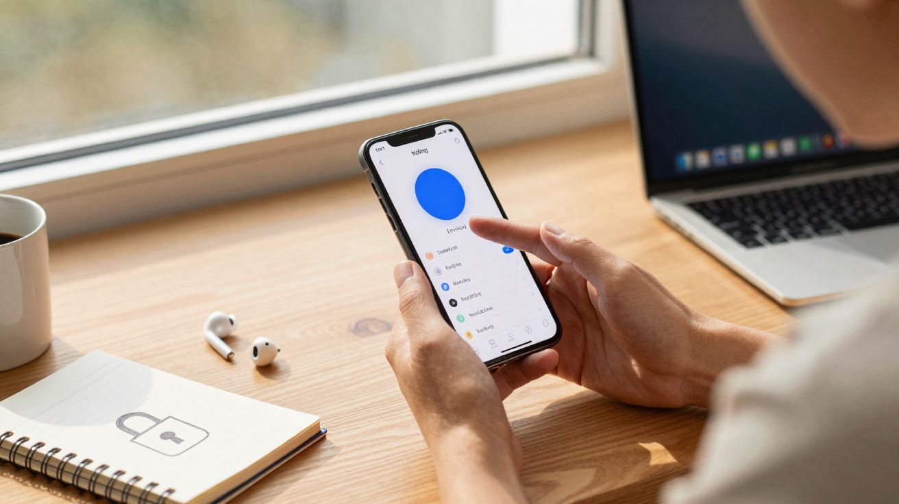Pessoa usando smartphone com aplicativo aberto, próximo a notebook, fone wireless e caderno com desenho de cadeado.