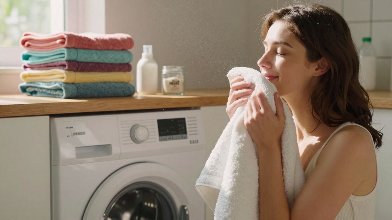 Mulher sorrindo cheirando toalha branca ao lado de máquina de lavar com roupas dobradas.