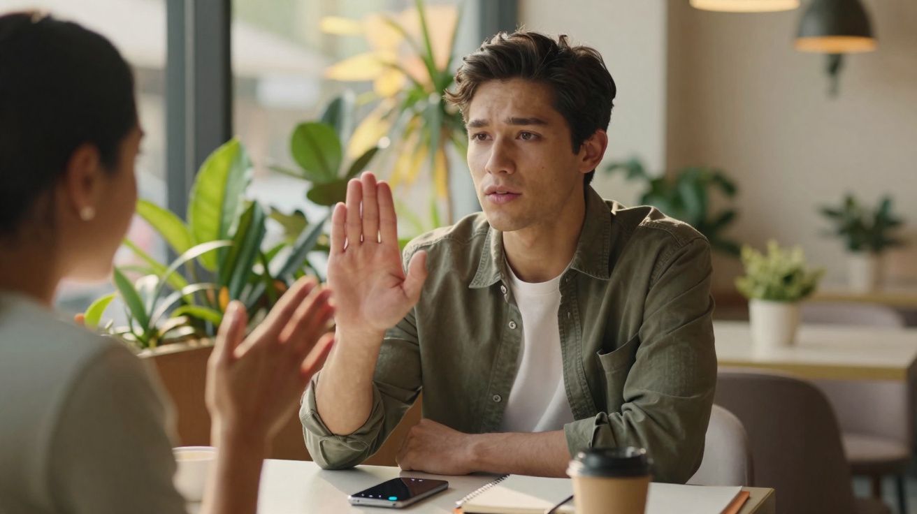 Homem com expressão séria levantando a mão em gesto de pare durante conversa com mulher em café.