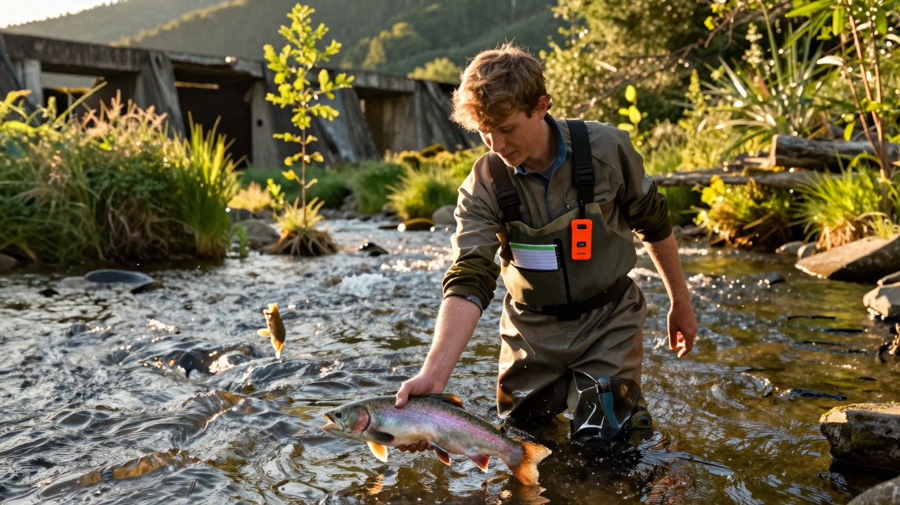 Homem com roupa de pesca segura peixe em riacho cercado por vegetação e montanhas ao fundo.