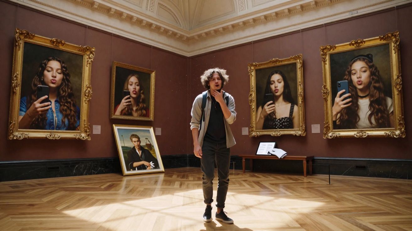 Jovem surpreendido em galeria com quadros mostrando várias mulheres tirando selfies com celular.