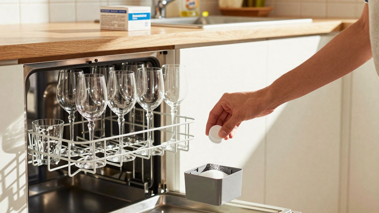Mão colocando tablete de detergente em máquina de lavar louça com copos limpos na cozinha.
