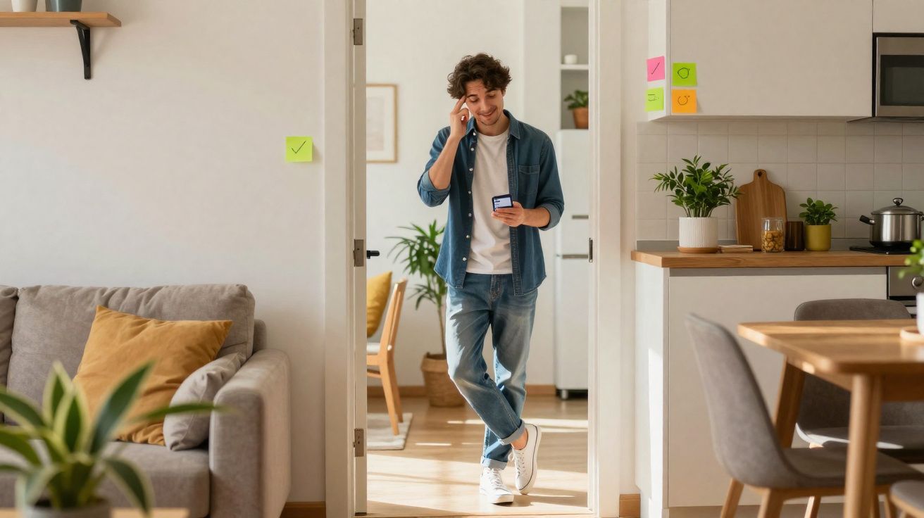 Homem conversa ao celular sorrindo enquanto caminha em uma casa moderna e iluminada.