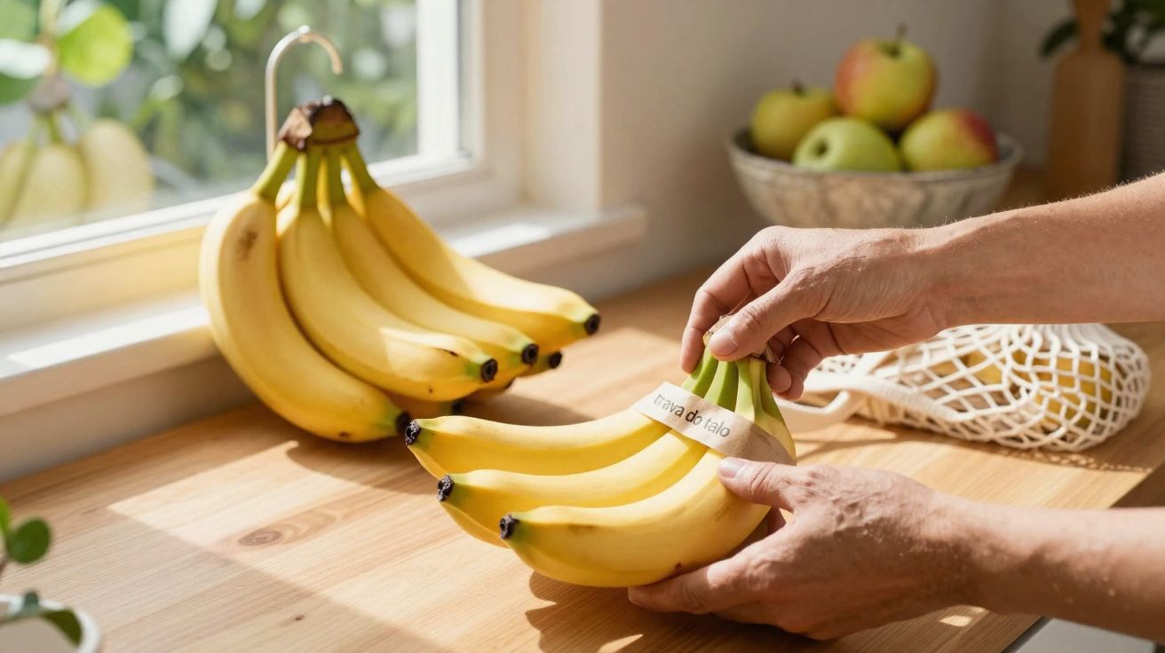 Mãos segurando cacho de bananas presas com trava de fibra natural sobre bancada iluminada.