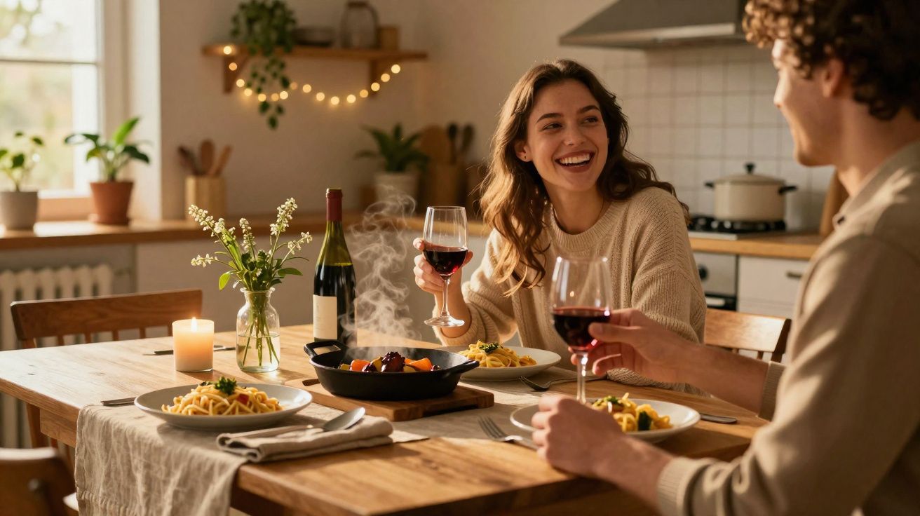 Casal sorrindo e brindando com vinho tinto durante jantar acolhedor em casa com comida e vela acesa.