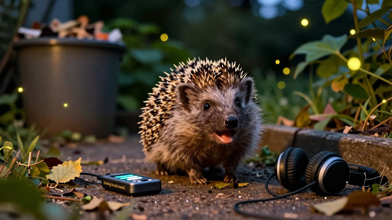 Ouriço no chão à noite, cercado por folhas, com fone de ouvido e gravador ao lado.