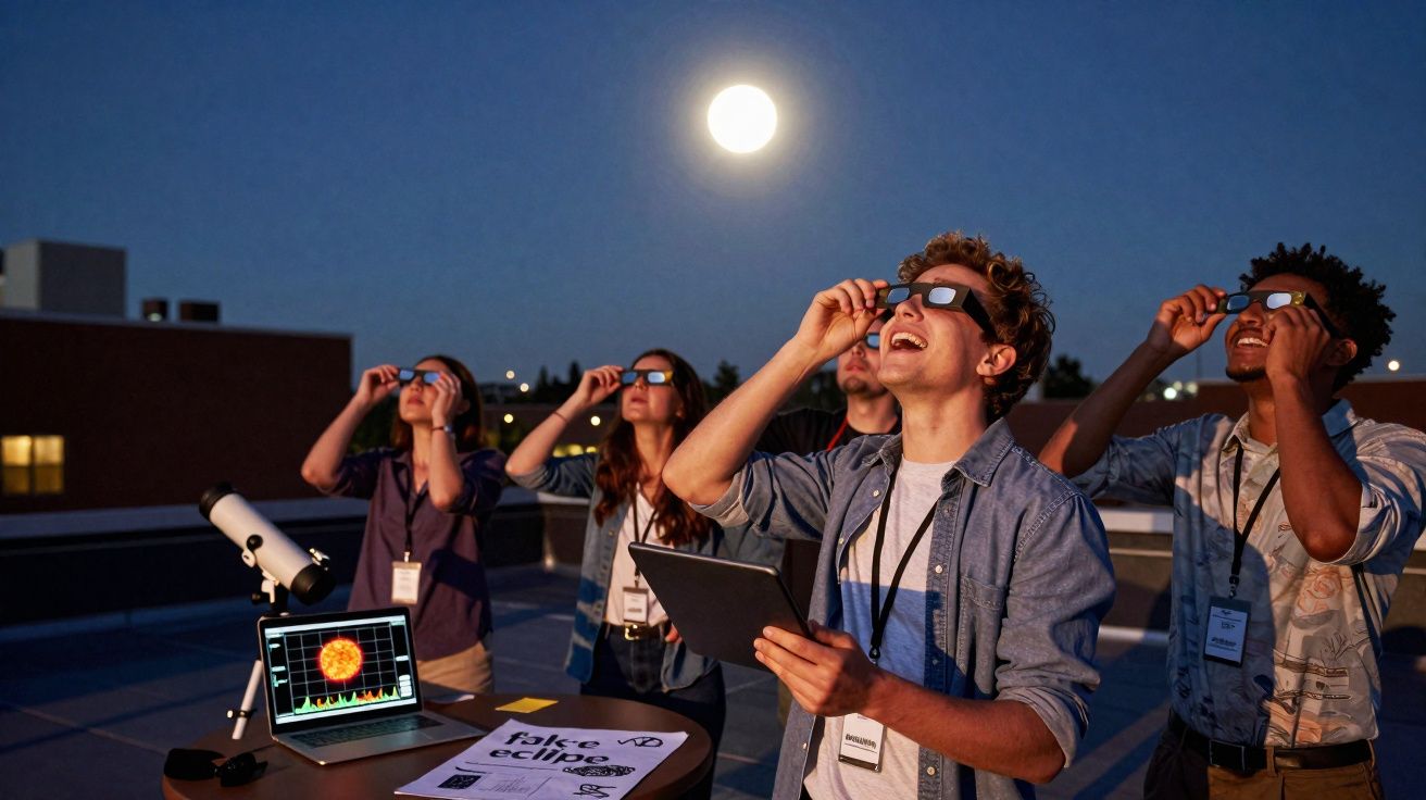 Grupo de jovens observando eclipse lunar com óculos especiais em área externa à noite.