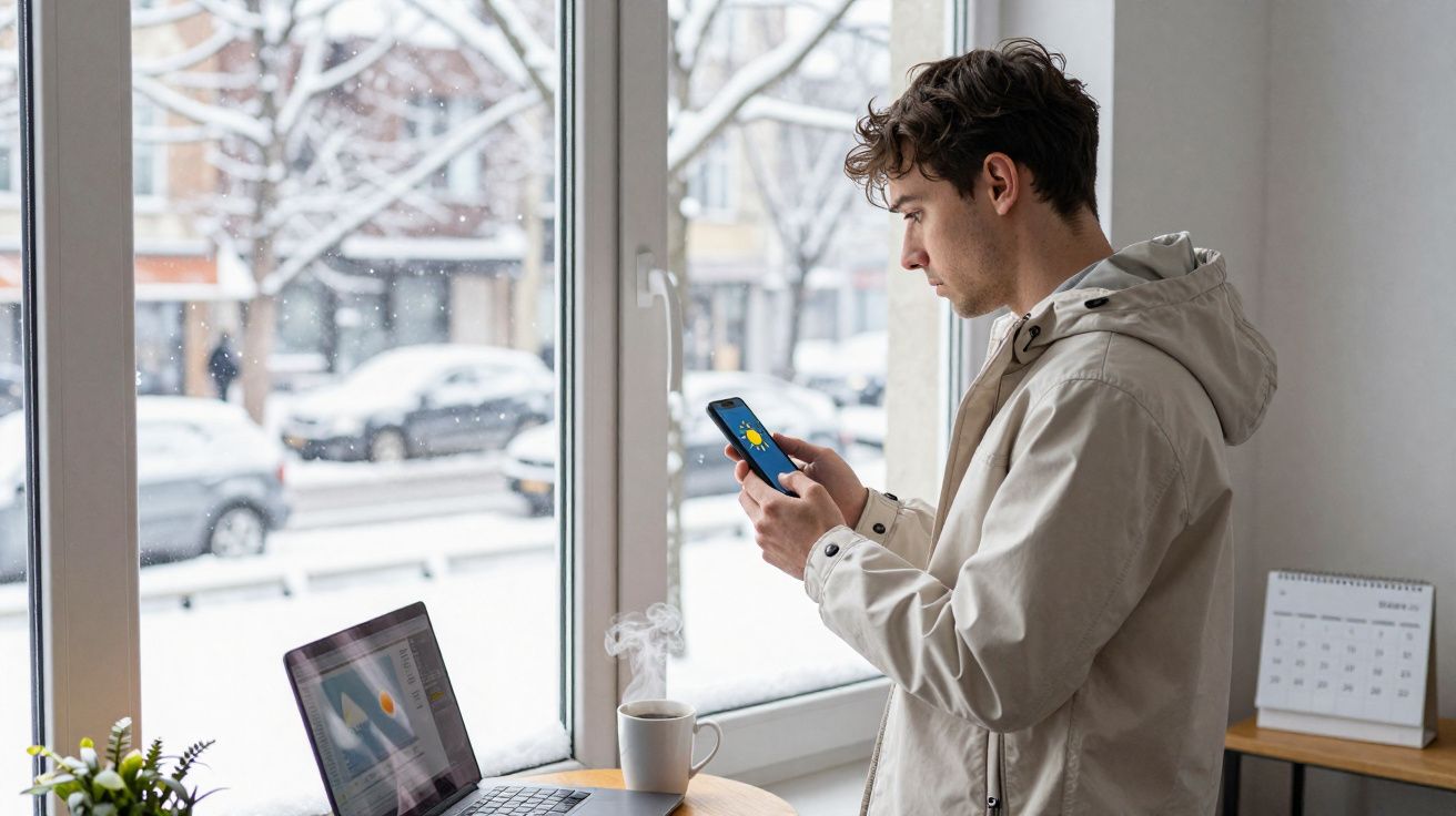 Jovem olhando o celular perto de janela com neve e laptop aberto em mesa com xícara de café.