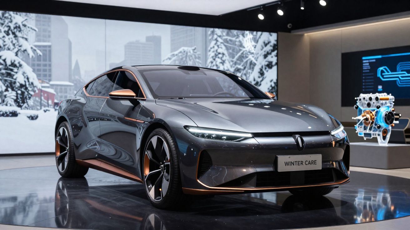 Carro esportivo cinza com detalhes em cobre exposto em ambiente interno moderno com tela ao fundo.