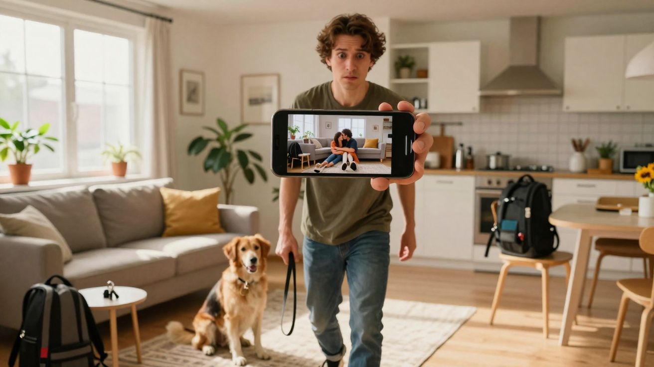 Jovem segurando celular com foto de casal abraçado, com cachorro e sala ao fundo iluminada.