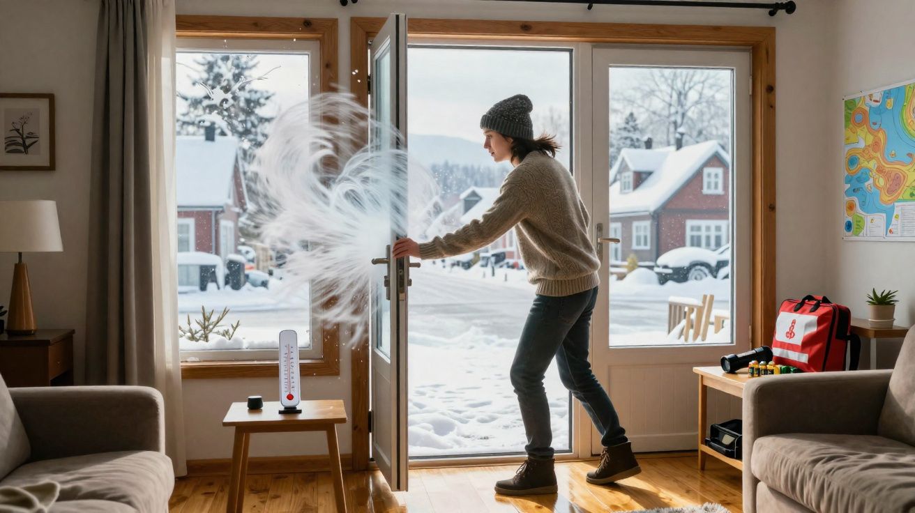 Pessoa abrindo porta para casa com neve do lado de fora, mostrando ar frio entrando na sala.