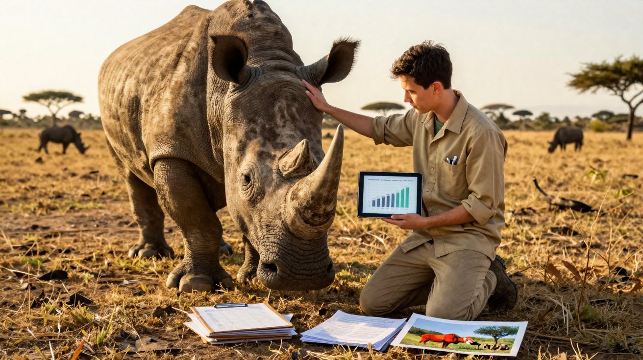 Pesquisador ajoelhado acaricia rinoceronte enquanto mostra gráficos e documentos em savana.