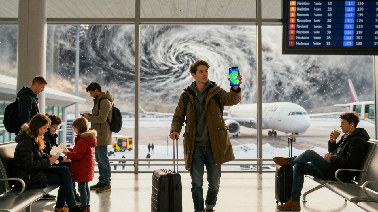 Pessoas aguardam em aeroporto com avião parado e tempestade cósmica visível do lado de fora.