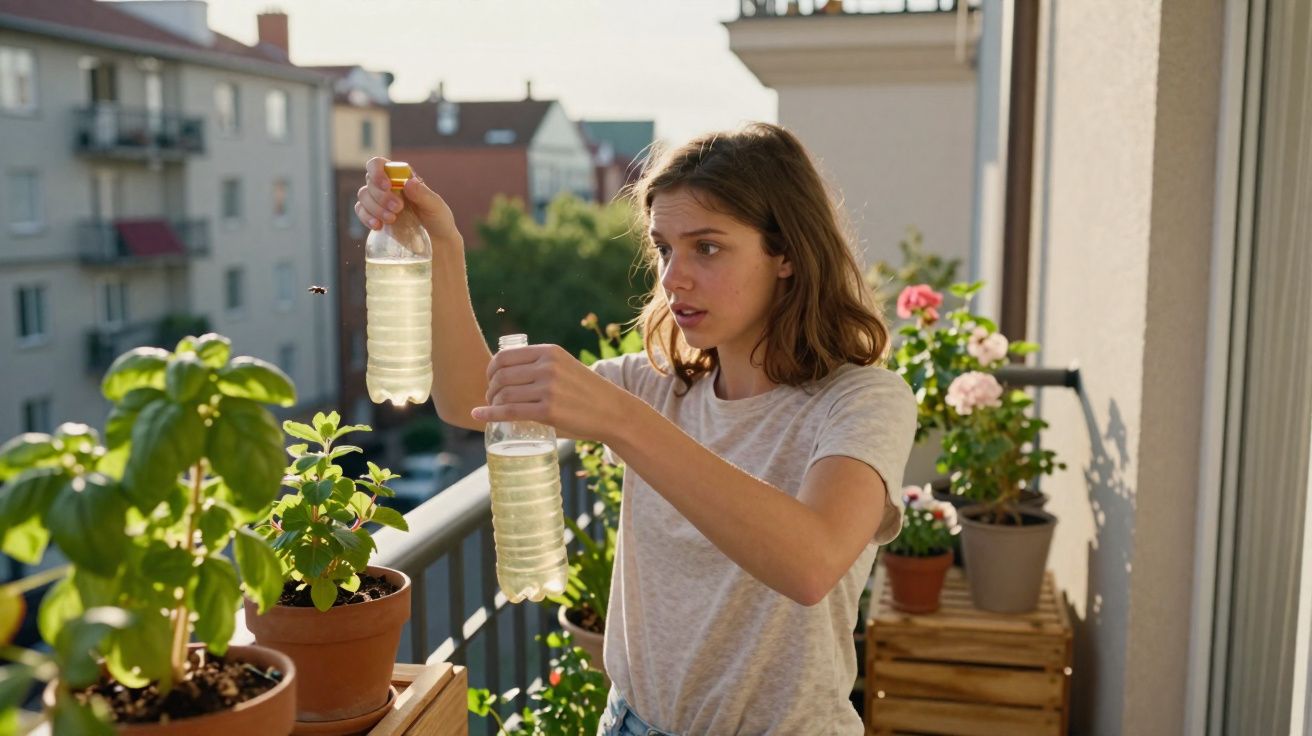 Mulher observa duas garrafas plásticas com líquido, perto de plantas em varanda ensolarada.