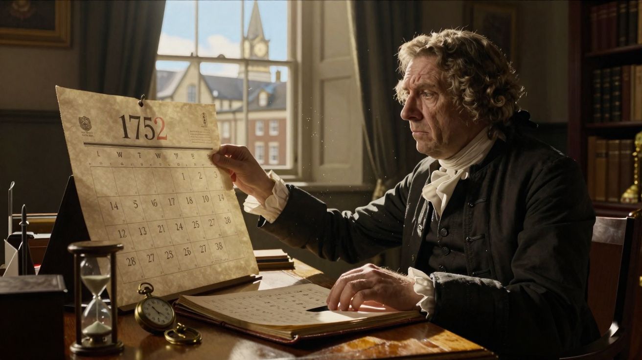 Homem com roupas do século XVIII ajusta calendário de 1752 em sala de estudos iluminada por janela.