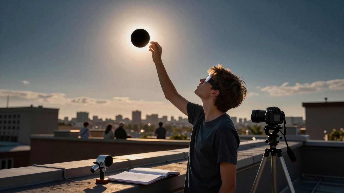 Pessoa em telhado segurando objeto simulando eclipse solar, com câmera fotográfica e livro ao lado.