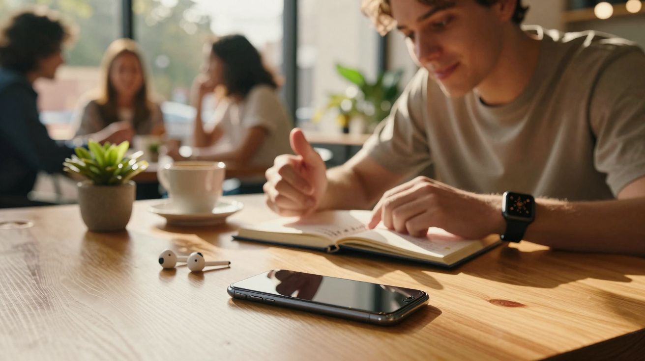 Jovem lendo livro em mesa de café, com celular e fones de ouvido sobre a madeira clara.