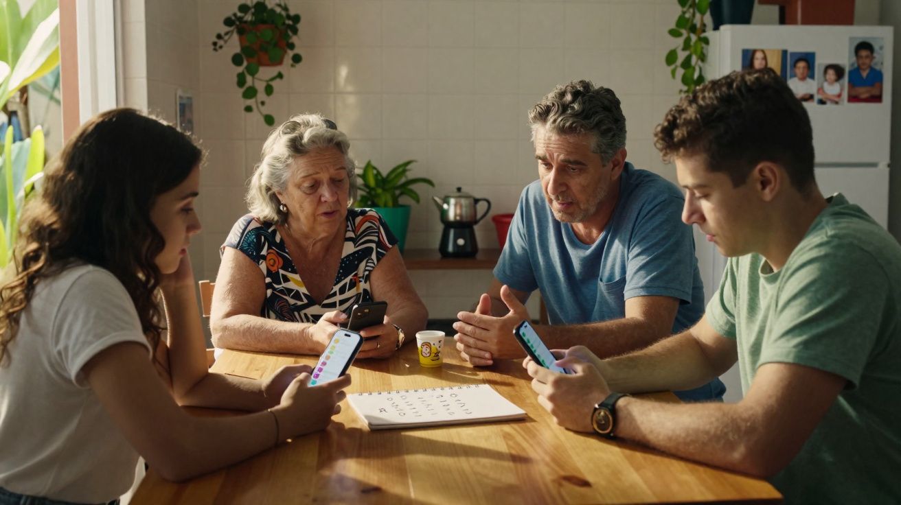 Família de quatro gerações sentada à mesa, interagindo com celulares em ambiente doméstico iluminado.
