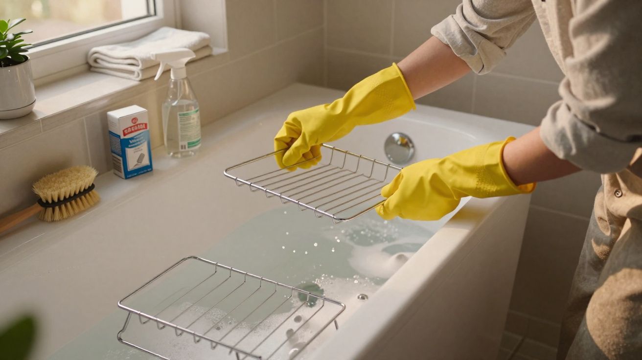 Pessoa com luvas amarelas lavando grades metálicas em banheira cheia de água e sabão.
