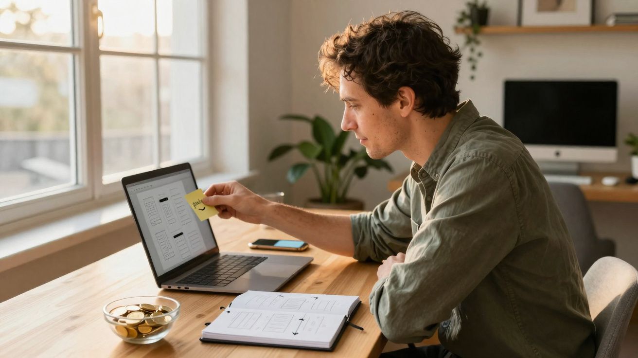 Homem sentado em mesa de madeira, colocando post-it no laptop em ambiente iluminado com janela grande.