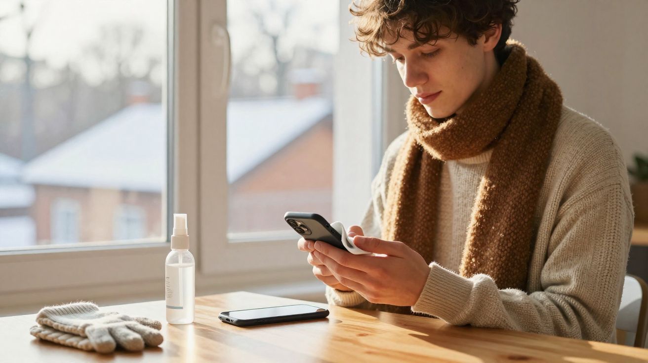 Jovem com suéter e cachecol usando celular sentado à mesa próxima à janela com luvas e frasco.