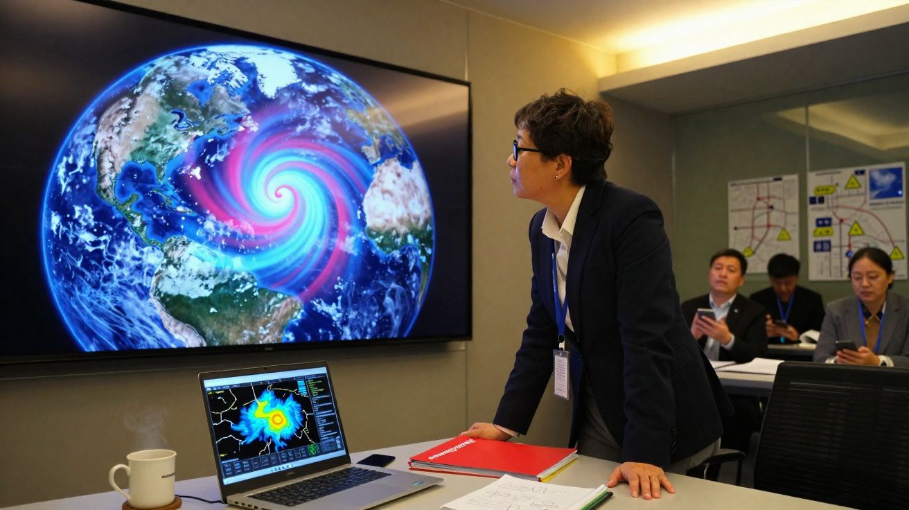 Profissional observa simulação de furacão na tela com laptop, documentos e colegas ao fundo em sala de reunião.