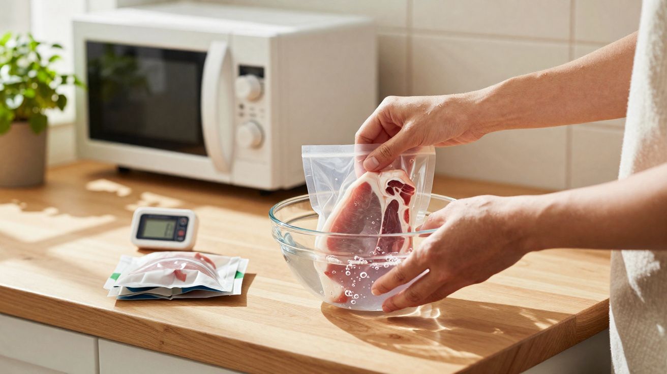 Mãos colocando carne embalada a vácuo em tigela com água em bancada de cozinha iluminada.