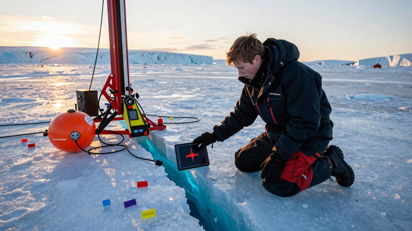 Pesquisador com roupa de frio analisa fissura no gelo usando tablet e equipamentos científicos na Antártida ao pôr do sol.