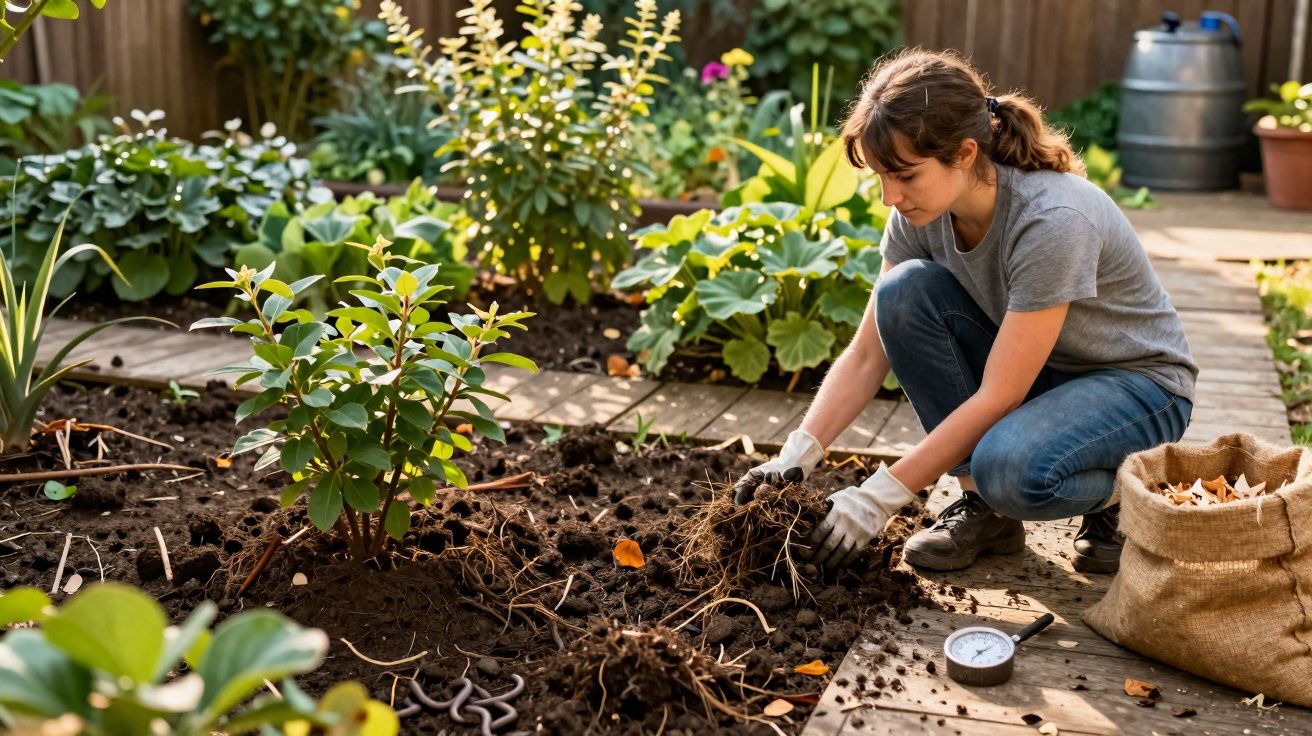 Mulher de roupa casual cuidando do solo em jardim com plantas e ferramentas ao redor.