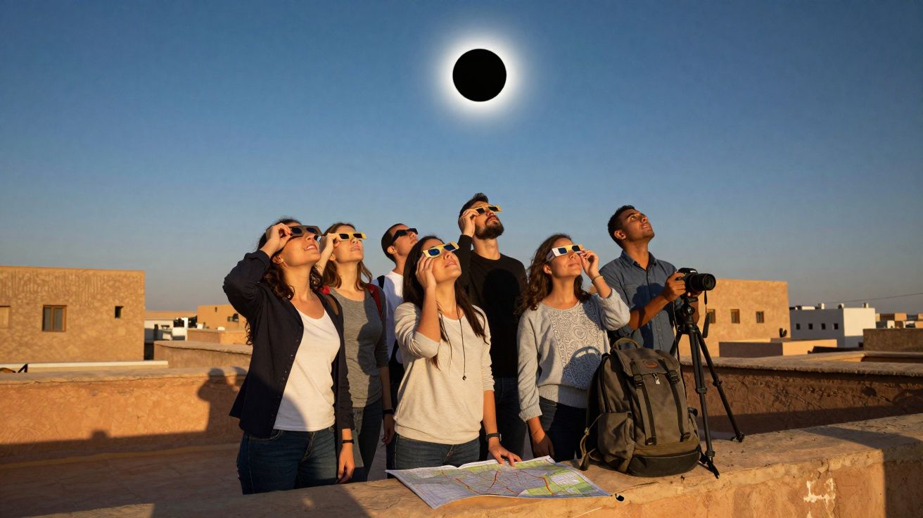 Grupo de pessoas usando óculos especiais para observar eclipses solares ao ar livre em área urbana.