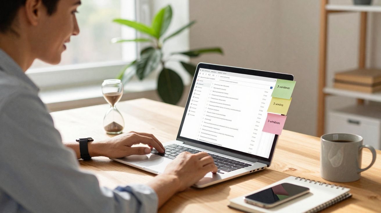 Pessoa digitando em laptop com planilha aberta, próxima a smartphone, caderno, caneca e ampulheta sobre mesa de madeira.