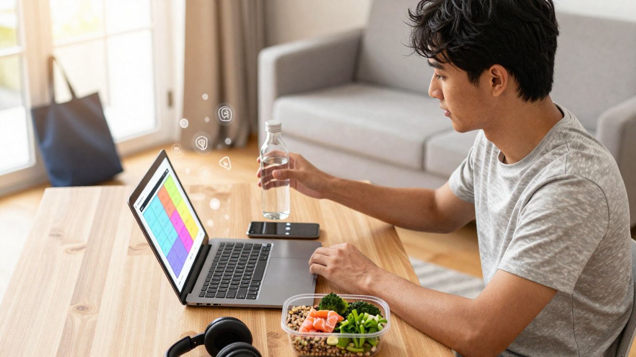 Pessoa usando laptop com planejamento na tela, segurando garrafa de água, com fone e comida saudável na mesa.