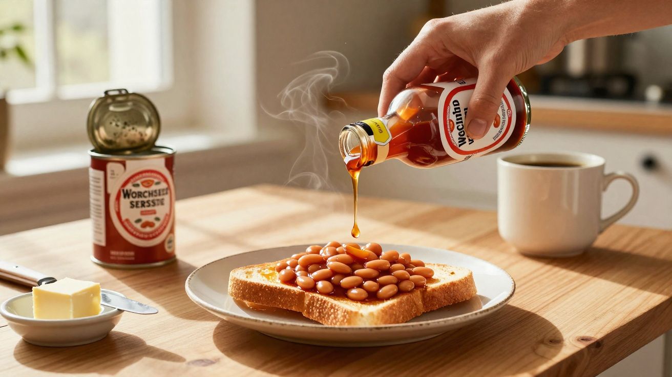 Mão despejando molho quente sobre feijão em pão, ao lado de manteiga, molho Worcestershire e xícara de café.