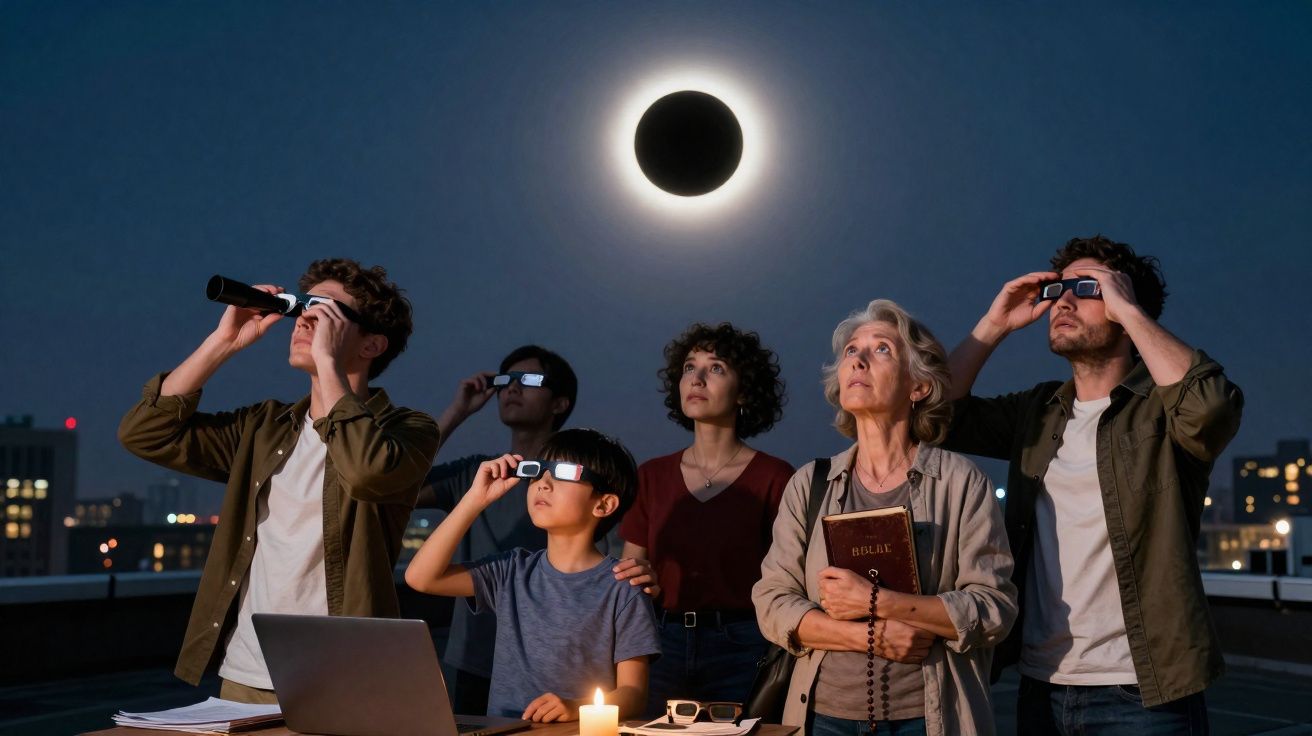 Grupo diverso observa eclipse solar total à noite, usando óculos especiais e velas acesas em mesa com laptop.
