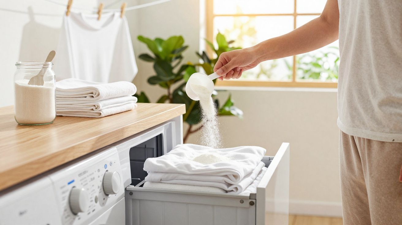 Pessoa colocando detergente em pó em máquina de lavar roupa branca em ambiente iluminado.