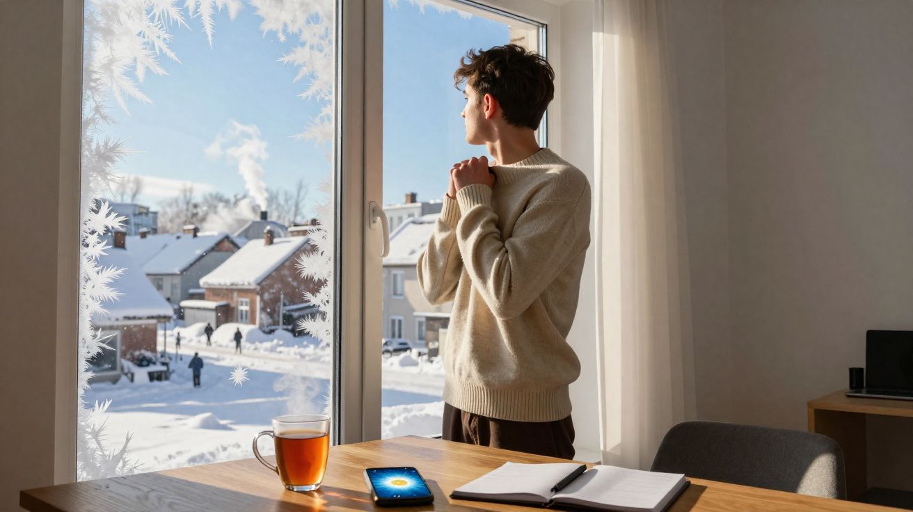 Jovem de suéter bege olhando pela janela para um cenário nevado, com chá e notebook na mesa.