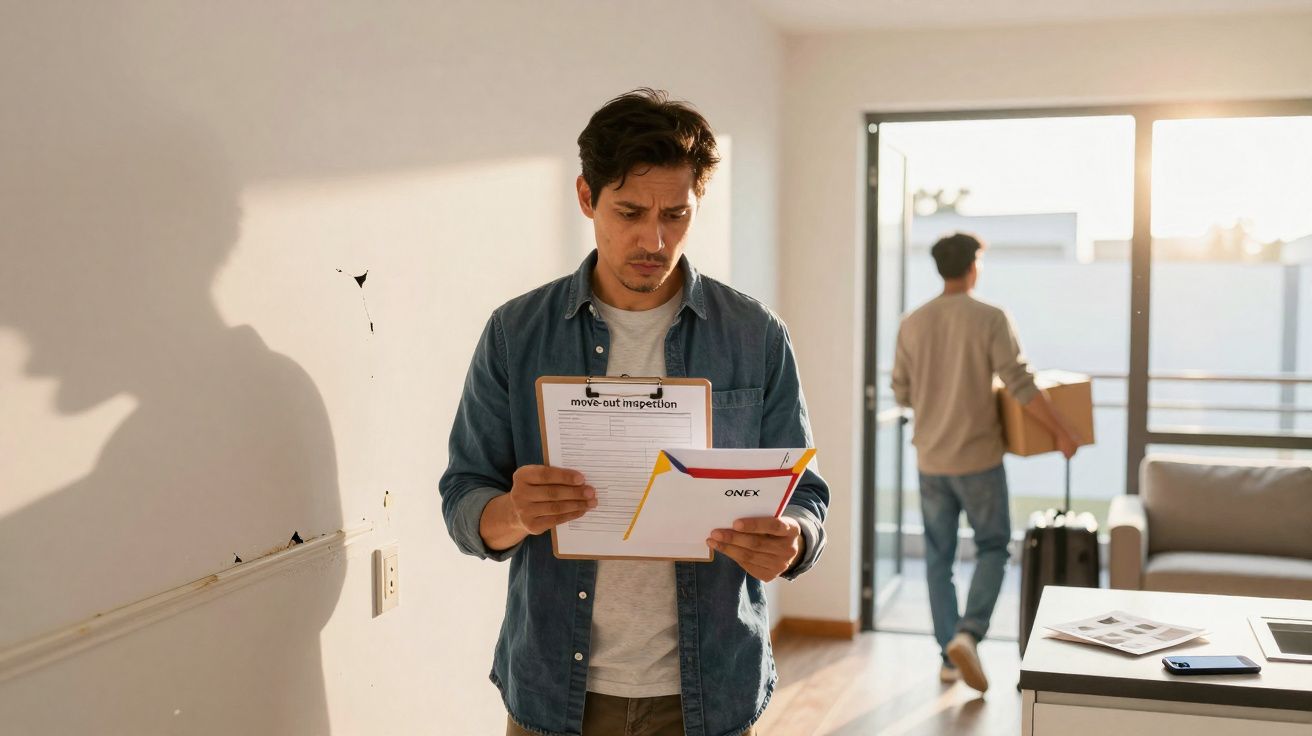 Homem lendo documentos de inspeção em apartamento enquanto outra pessoa carrega caixa para fora.