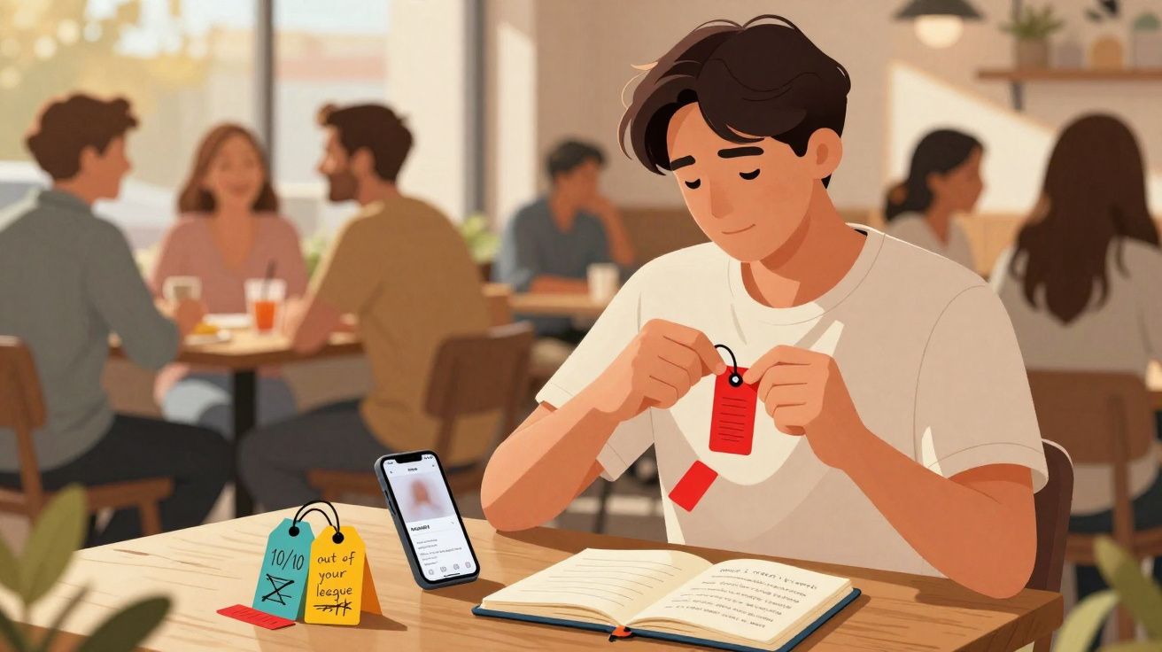 Jovem sentado em café lendo e segurando etiqueta vermelha, com smartphone e livros na mesa.