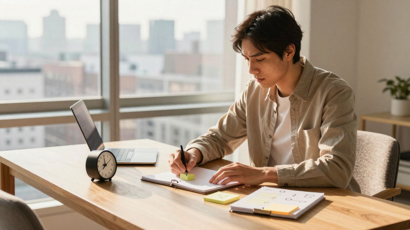Jovem sentado à mesa escrevendo em caderno com laptop e relógio ao lado, em ambiente claro e moderno.