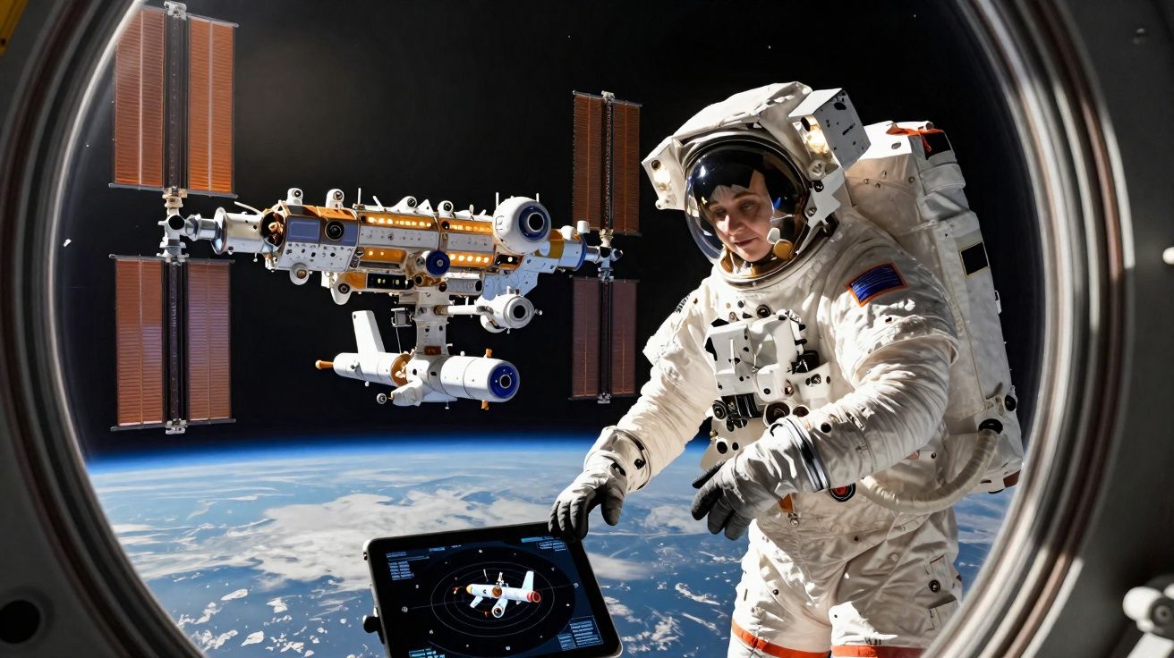 Astronauta em traje espacial realiza tarefa fora da estação espacial com Terra ao fundo vista pela janela.