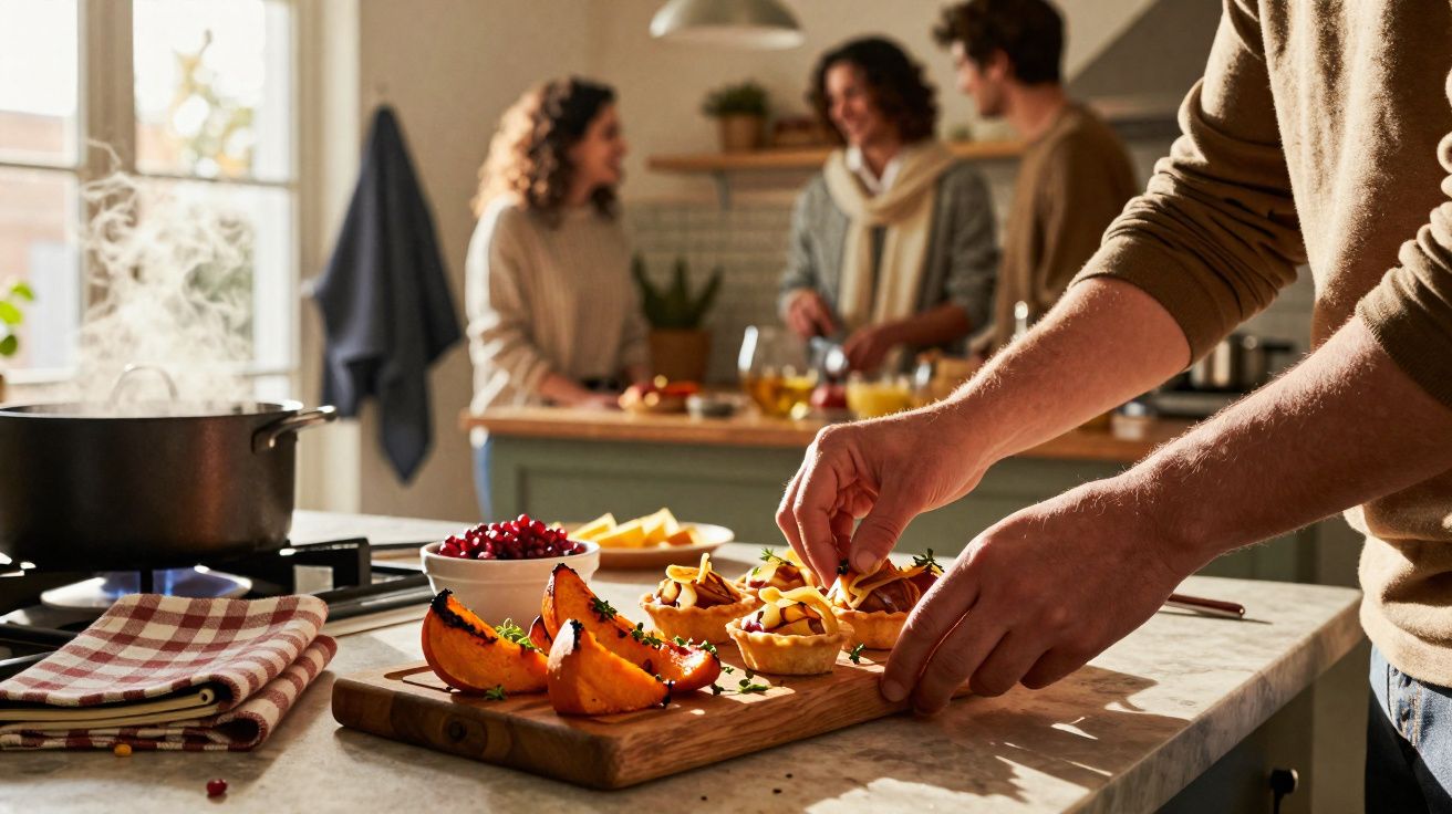 Pessoa preparando petiscos em tábua de madeira enquanto outras conversam na cozinha ao fundo.