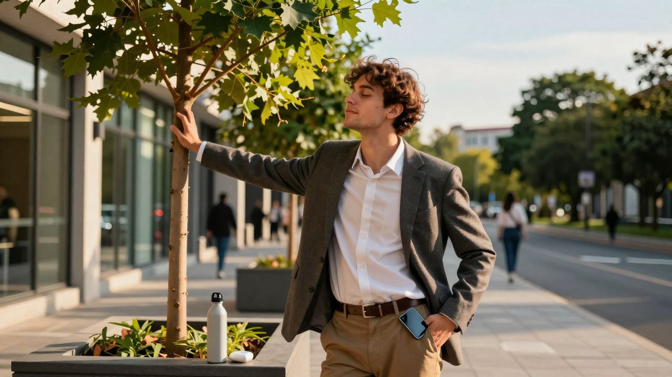 Homem jovem vestido social encostado em árvore em calçada urbana, com garrafa e celular na mão.