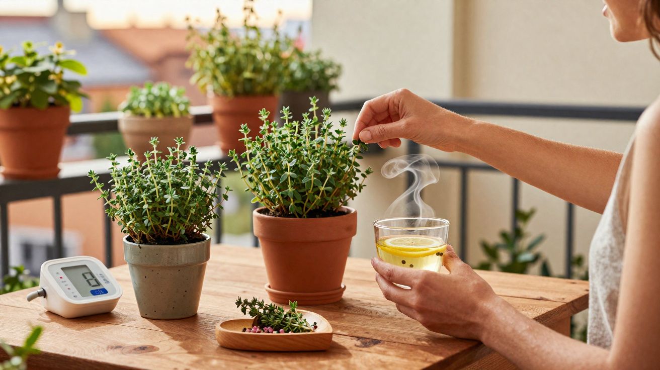 Pessoa adiciona ervas frescas em chá com limão em varanda com vasos de plantas e medidor de pressão.