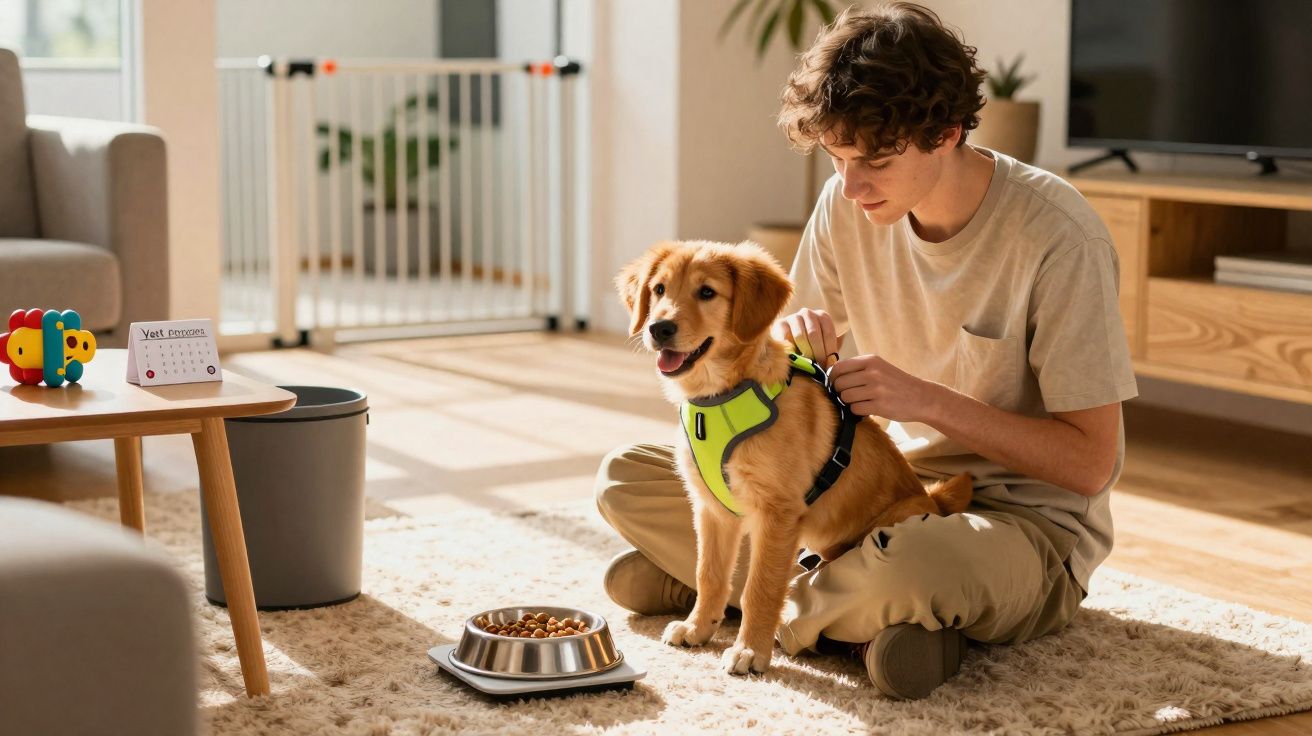 Jovem ajusta coleira em cachorro dourado sentado no tapete da sala, com comida e brinquedo ao lado.