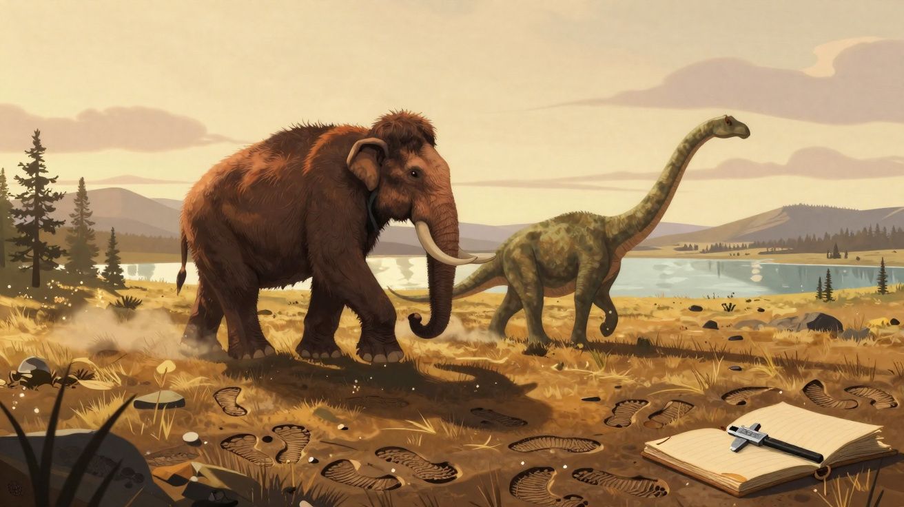 Ilustração de um mamute e um dinossauro caminhando em paisagem pré-histórica ao lado de lago e caderno aberto com paquímetro.