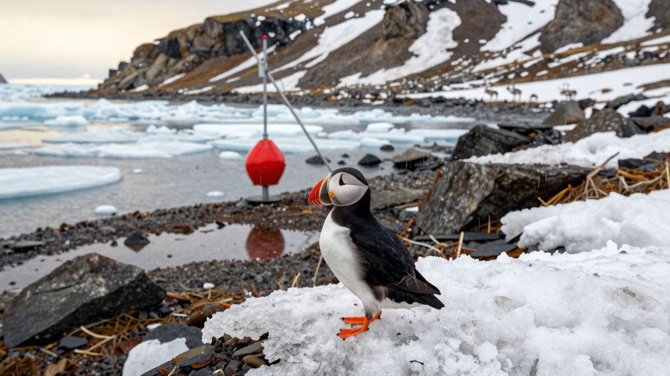 Papagaio-do-mar em rocha com neve perto de água gelada e pedaços de gelo flutuantes em ambiente natural polar.
